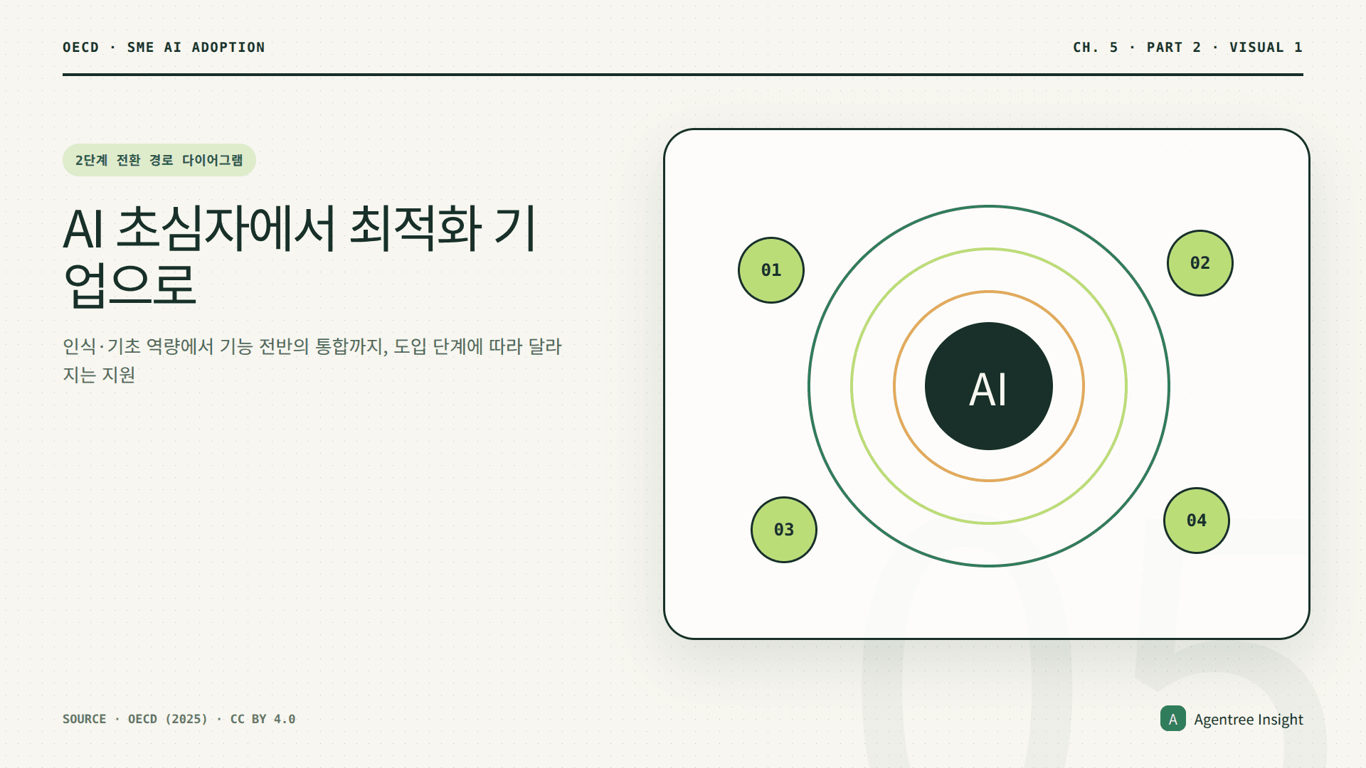 AI 초심자의 인식 제고, 기초 역량, 초기 자금 지원이 AI 최적화 기업의 인력 개발, 운영 재구조화, 투자 확대로 이어지는 경로